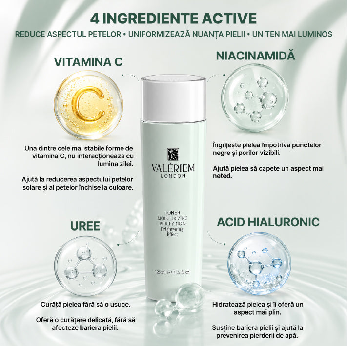 Valeriam London Loțiune tonică facială cu vitamina C și niacinamidă – Iluminatoare și hidratantă – 125 ml