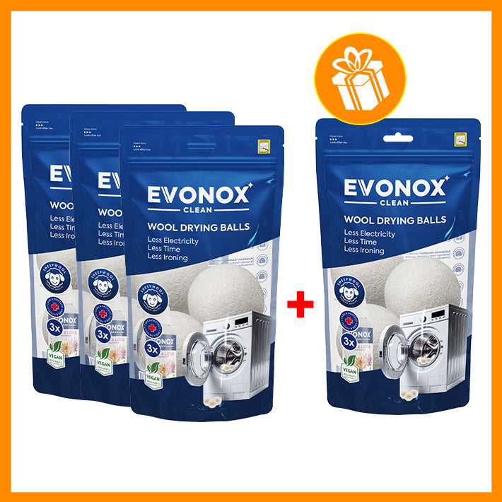3 darabos Evonox Clean gyapjúfilc szárítógolyó szett ruhákhoz + 30 ml ajándék parfüm - természetes és ökológiai