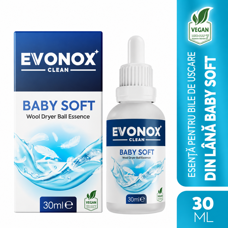 Evonox Clean Esență pentru Bile de Uscare din Lână Baby Soft – 30 ml