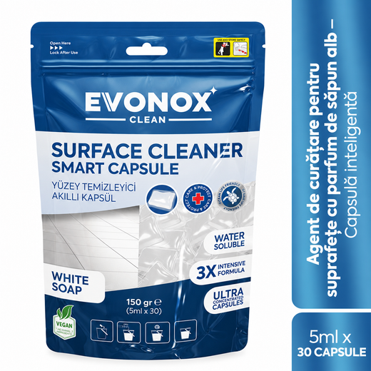 Evonox Clean Capsule Inteligente pentru Curățarea Suprafețelor cu Parfum de Săpun Alb – 150 g