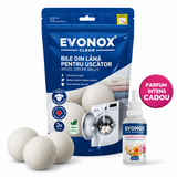 Evonox Clean Set de 3 bile de uscare din pâslă de lână pentru rufe + parfum cadou de – natural și ecologic – 30 ml