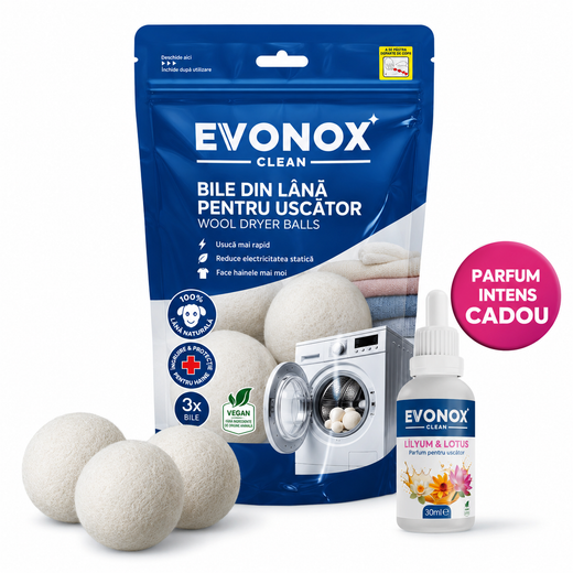Evonox Clean Set de 3 bile de uscare din pâslă de lână pentru rufe + parfum cadou de – natural și ecologic – 30 ml