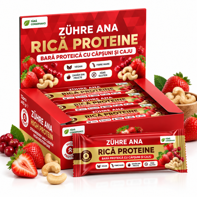 Zühre Ana Bară Proteică cu Căpșuni și Caju – 40 g × 12 bucăți