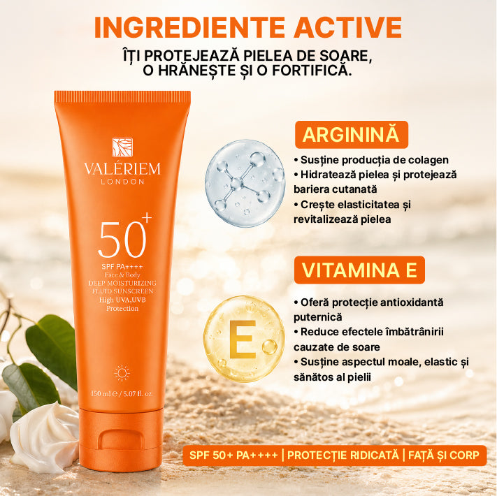 Valeriem London Cremă de protecție solară SPF 50 pentru față și corp – Hidratantă, cu protecție UVA/UVB – 150 ml
