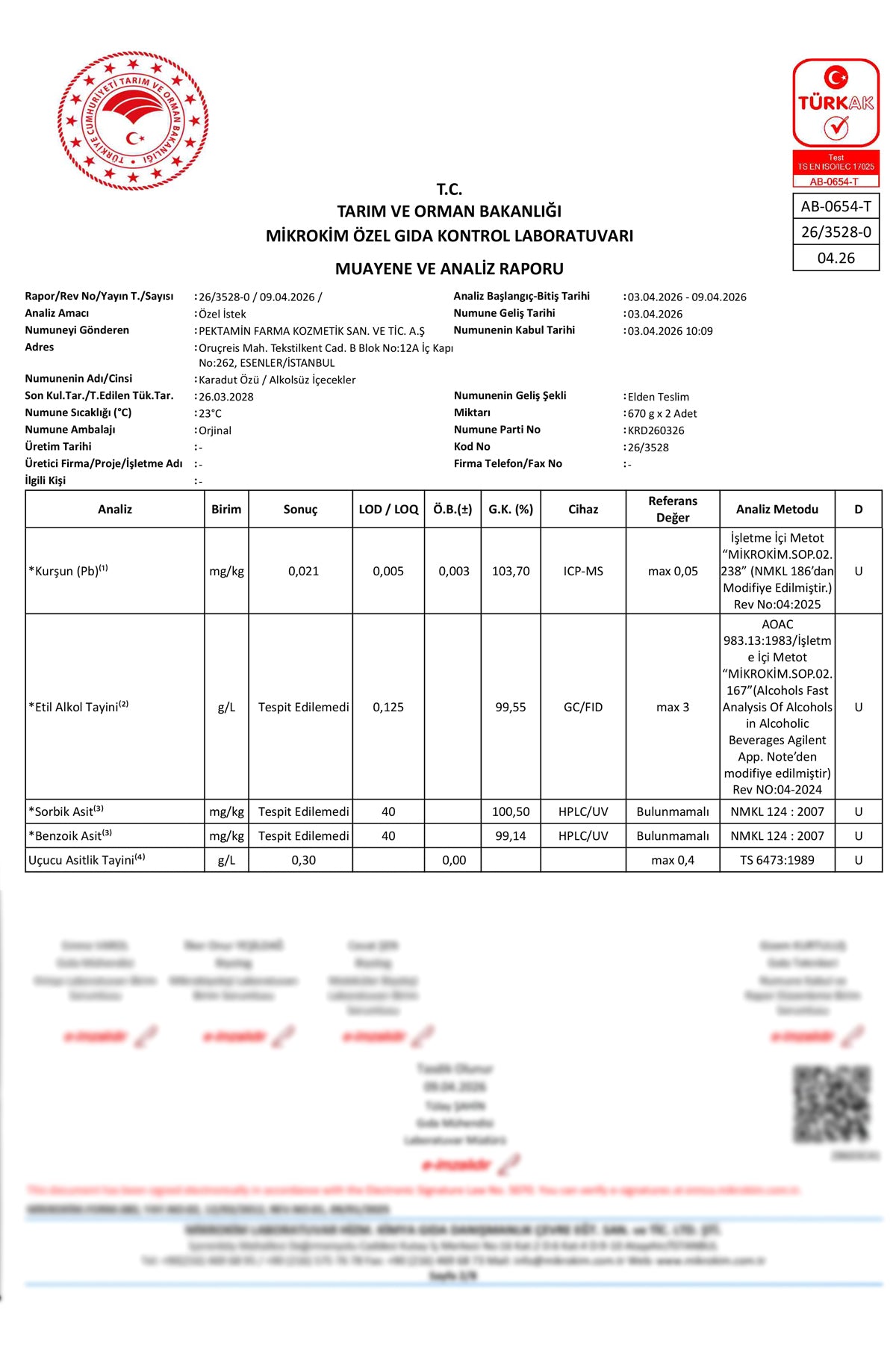 Raport de analiză extract de dud negru, pagina 1
